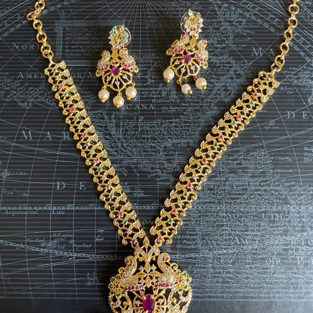 Gold-Tone Floral Pendant Necklace and Earrings Set - Pink and Green Accent